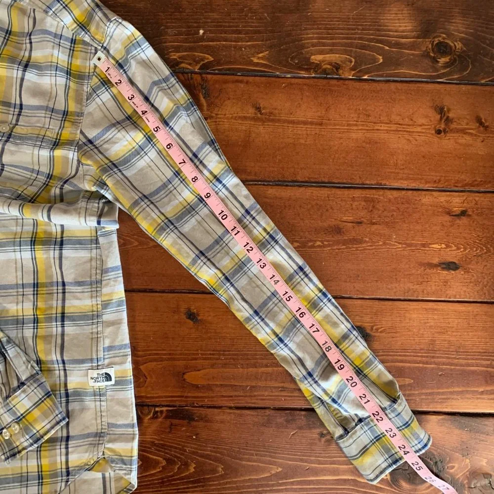 The North Face Men's Yellow Blue Plaid Long Sleeve Medium Button Down Shirt EUC